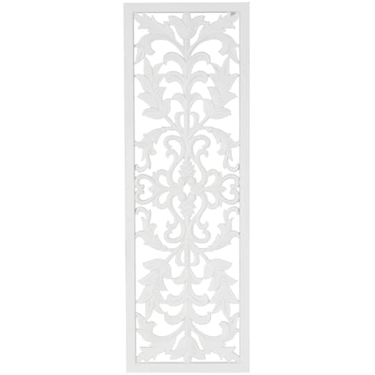 14" x 42" White Floral Carved Panel with Scroll Details Home Wall Décor